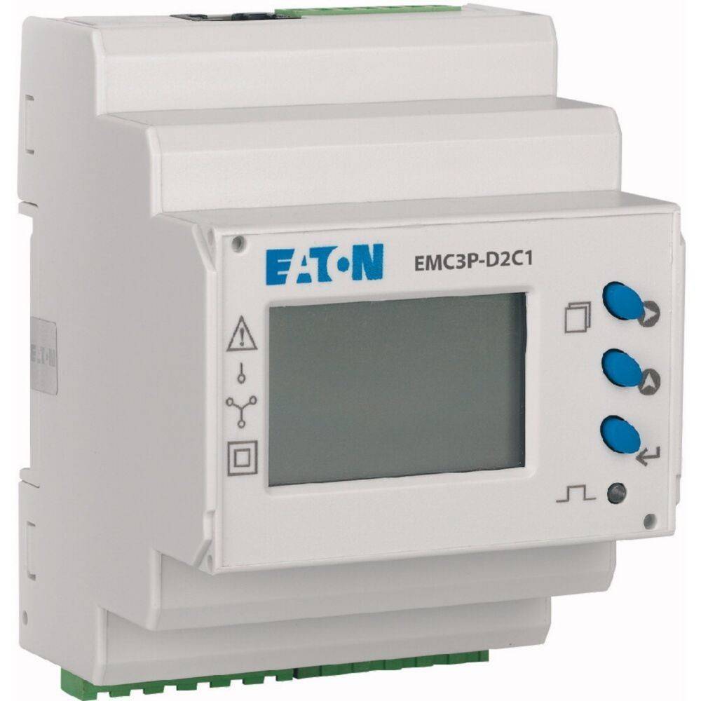 Elektrisches Gerät mit der Beschriftung 'EMC3P-D2C1', ausgestattet mit einer digitalen Anzeige und drei blauen Tasten auf der rechten Seite.
