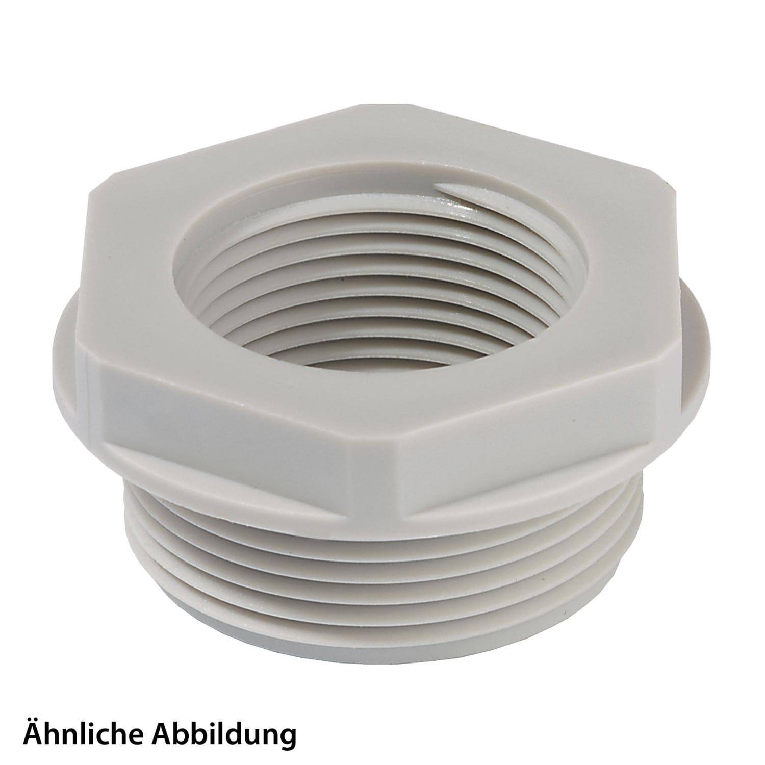 Ähnliche Abbildung: Ein weißer Kunststoff-Gewindeverbinder oder -Adapter mit sechseckiger Form, der für Rohr- oder Schlauchanschlüsse verwendet wird.