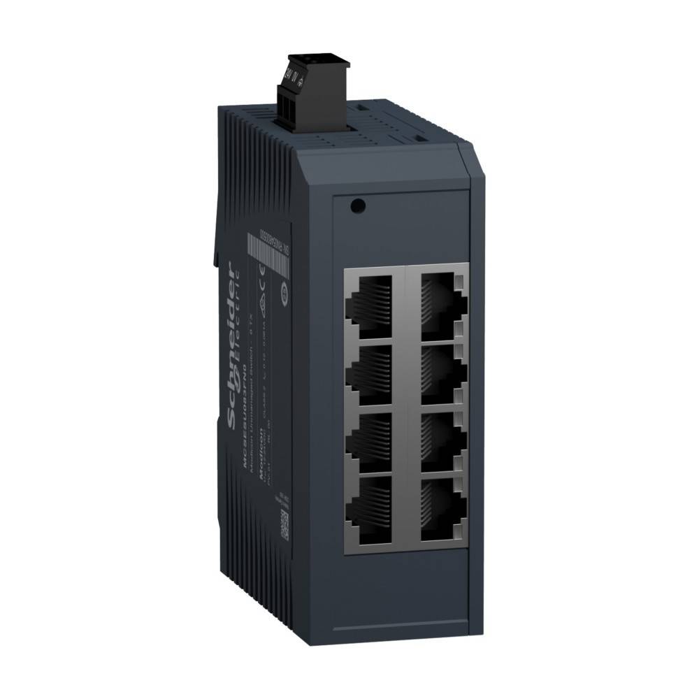 Ein dunkelgrauer industrieller Ethernet-Switch mit acht sichtbaren Ports, geeignet für Netzwerkverbindungen in verschiedenen industriellen Anwendungen.