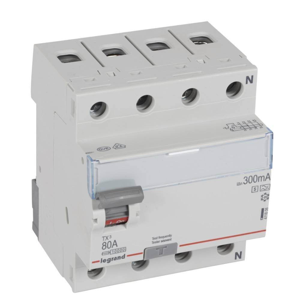 Der Legrand 80A 300mA Schalter zeigt einen weißen, rechteckigen Elektrischer Leistungsschalter mit vier Anschlüssen und werkzeuglos zu öffnenden Klemmen auf der Oberseite.