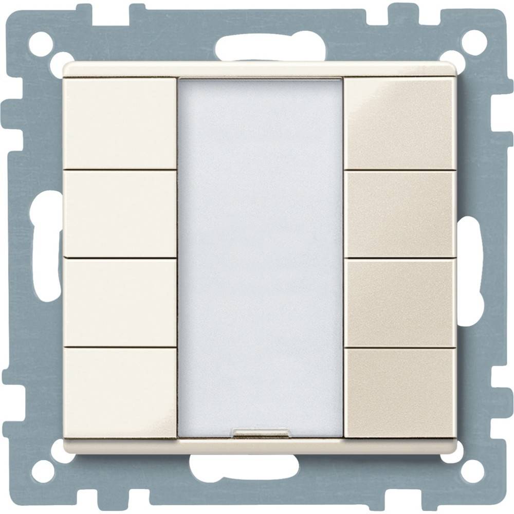 Ein beige Mehrfach-Schalter-Lichtbedienfeld mit fünf Tasten auf jeder Seite, eingebaut in einen silbernen Befestigungsrahmen. Die Mitte ist weiß.