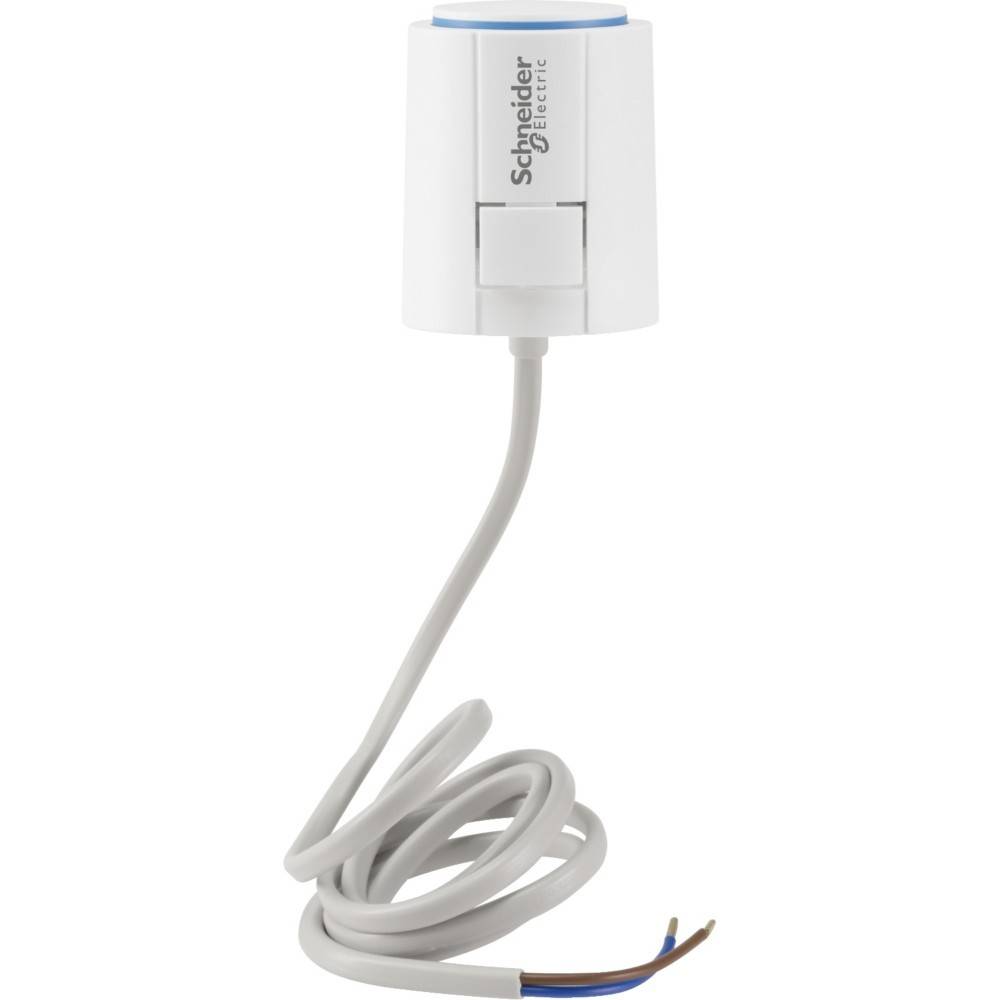 Ein weißer Schneider Electric Stellantrieb mit angeschlossener Verkabelung. Das Gerät ist zylindrisch mit einem kleinen Hebel und einem aufgewickelten Kabel, das in freiliegende Drähte endet.