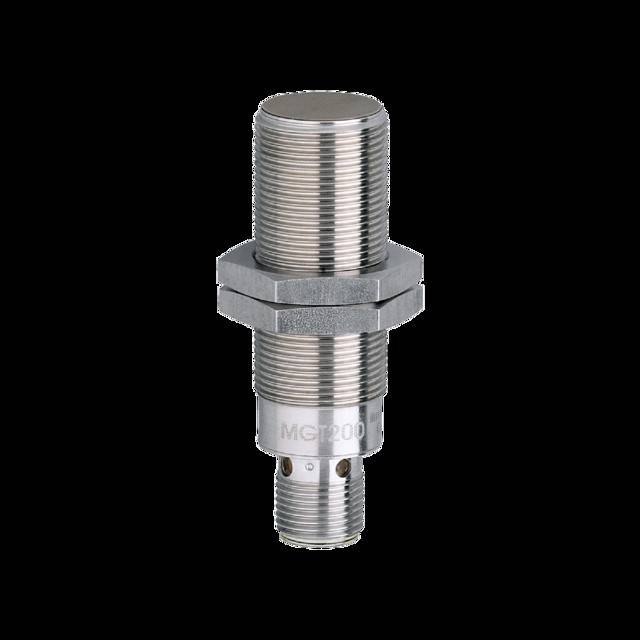 Ein metallischer zylindrischer Sensor mit Gewindekörper und Sechskantmutter, beschriftet mit 'MCF200'. Er wird wahrscheinlich für industrielle Anwendungen verwendet.