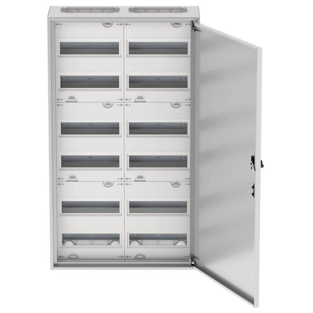 Ein geöffnetes elektrisches Gehäuse mit mehreren Abteilen, wobei jedes Abteil über ein transparentes Fenster zur Einsicht des Inhalts verfügt. Die Tür steht angelehnt.
