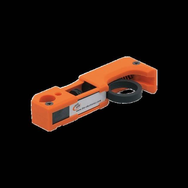 Ein orange-schwarzer Kabelabisolierer, entwickelt zum Entfernen der Isolierung von Drähten. Der Körper des Werkzeugs trägt ein Logo und eine Website-URL.
