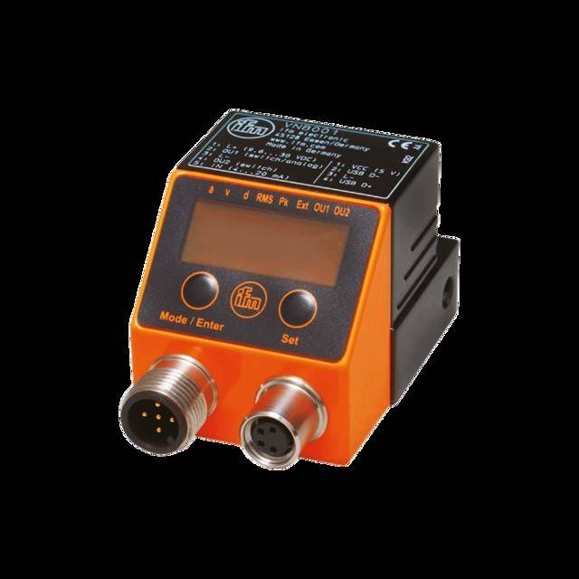 Ein kompaktes elektronisches Gerät in Orange und Schwarz mit digitaler Anzeige, das zwei kreisförmige Anschlüsse an der Vorderseite aufweist, wahrscheinlich für industrielle Anwendungen.