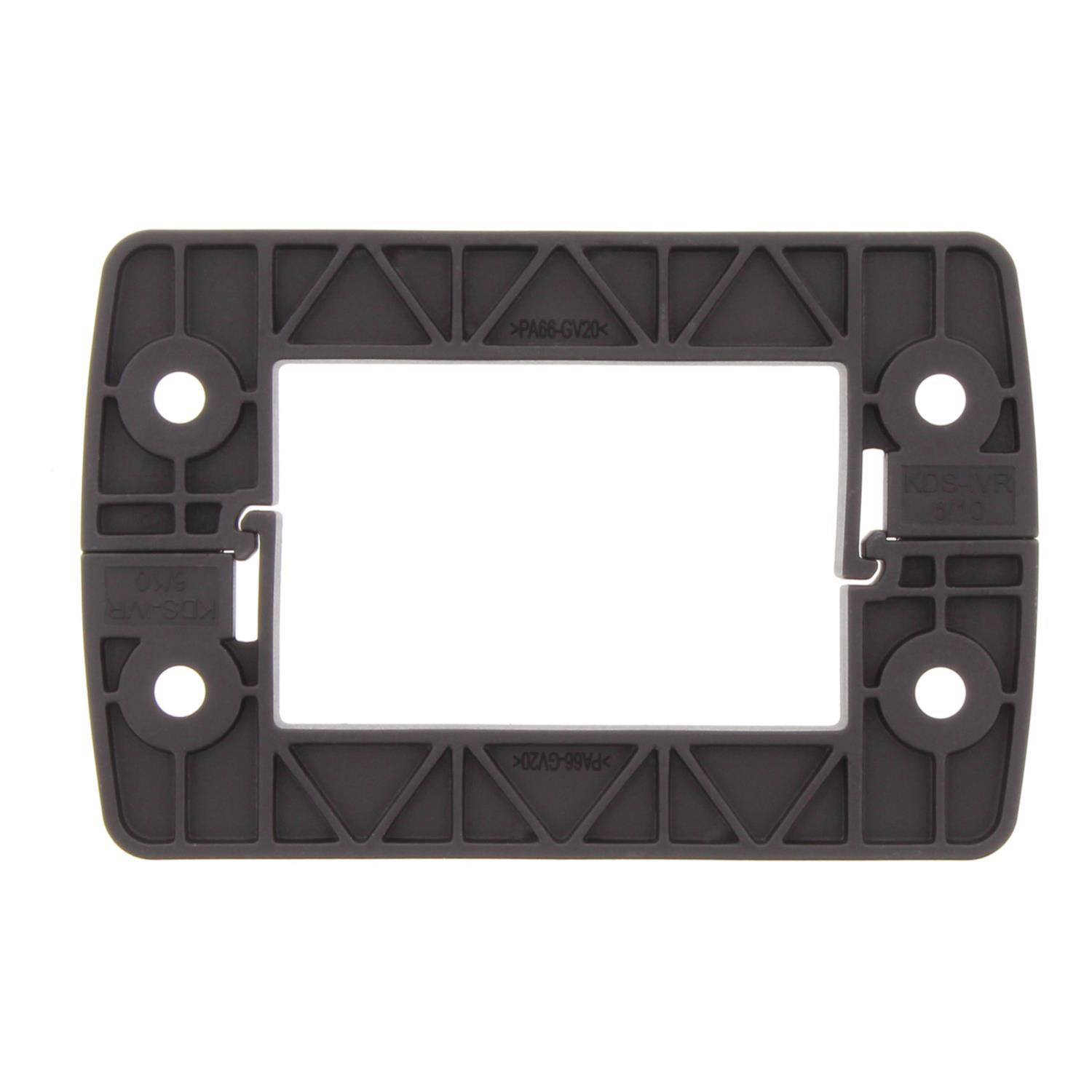 Eine schwarze rechteckige Montageklammer mit einer zentralen Aussparung und vier Schraubenlöchern.