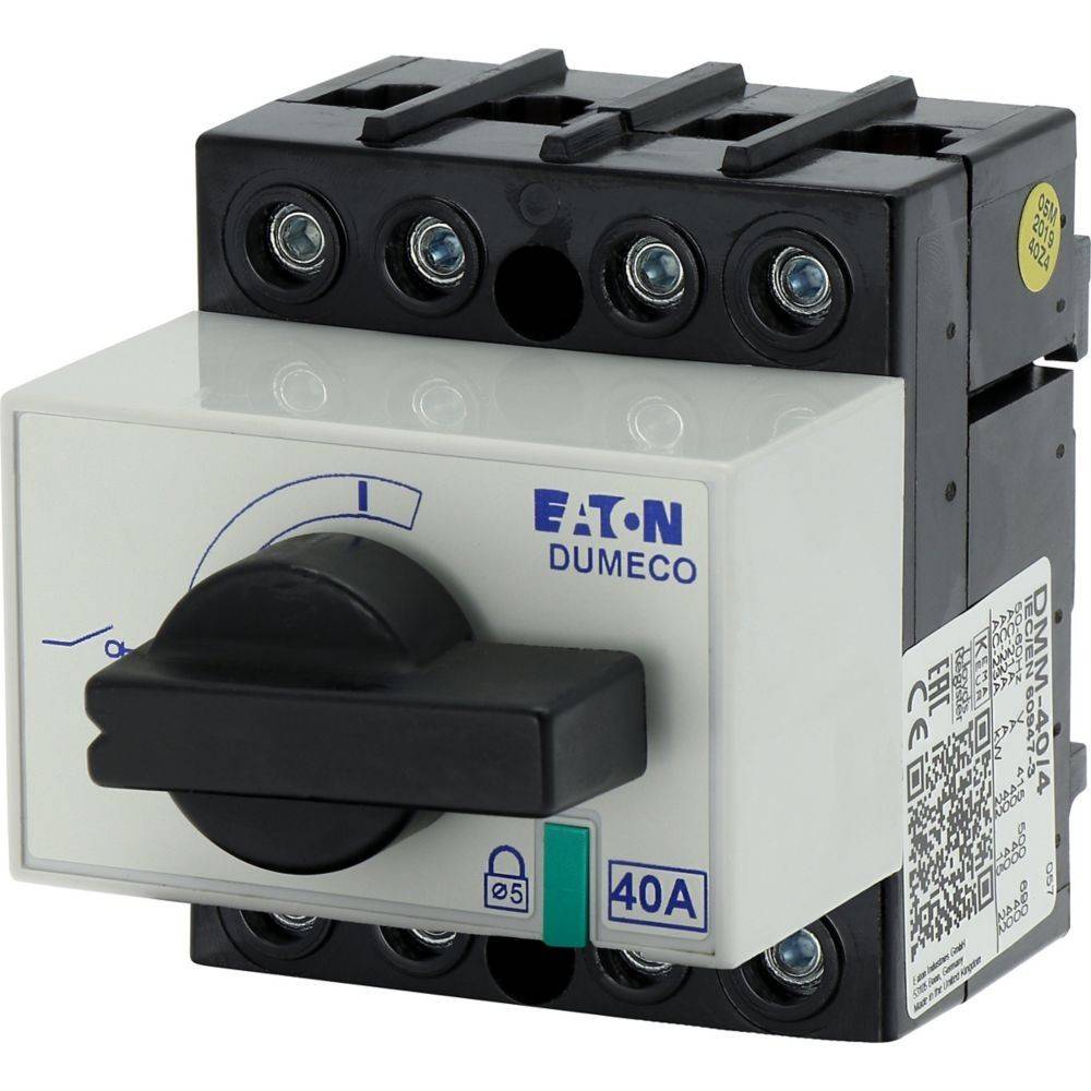 Eaton Dumeco 40A Schalter mit Drehgriff und Schloss-Symbol, entwickelt für die Steuerung elektrischer Schaltkreise in industriellen Umgebungen.