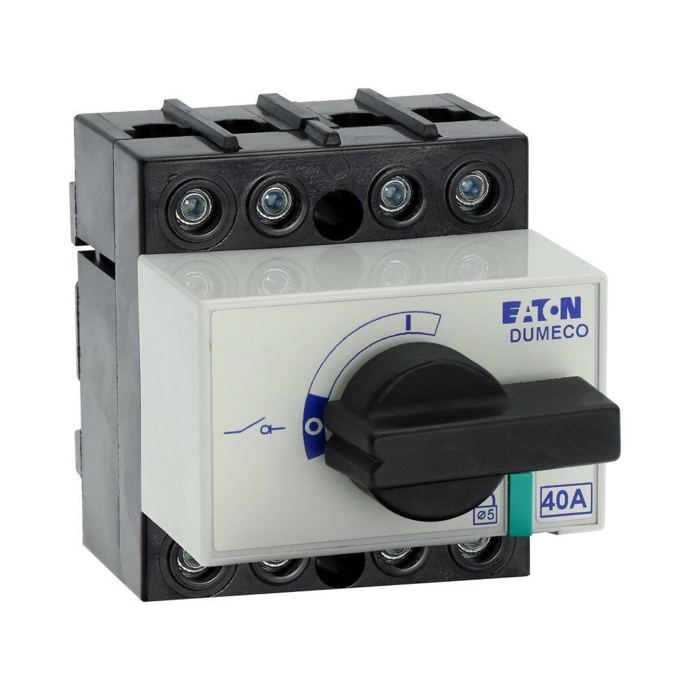 Eaton DUMECO Schalter, 40A Nennstrom, mit schwarzem Drehwahlschalter und mehreren Anschlüssen, verwendet für elektrische Anwendungen.
