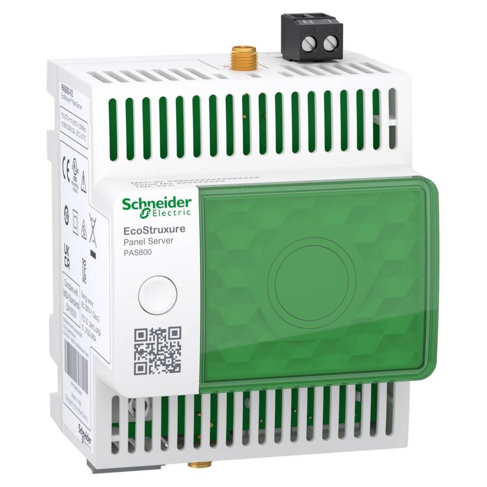 EcoStruxure Panel Server PAS800 Modul mit grünem Panel, QR-Code und Markenlogo. Verwendet für Energiemanagement- und Überwachungssysteme.