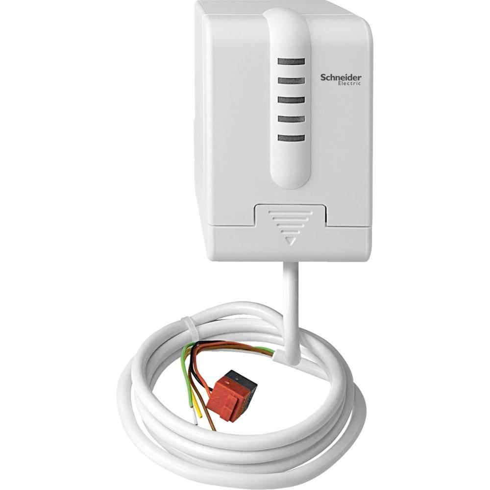 Ein weißer Schneider Electric Sensor mit einem spiralförmigen Kabel und einem roten Anschluss, entwickelt zur Überwachung und Steuerung von Umweltbedingungen.