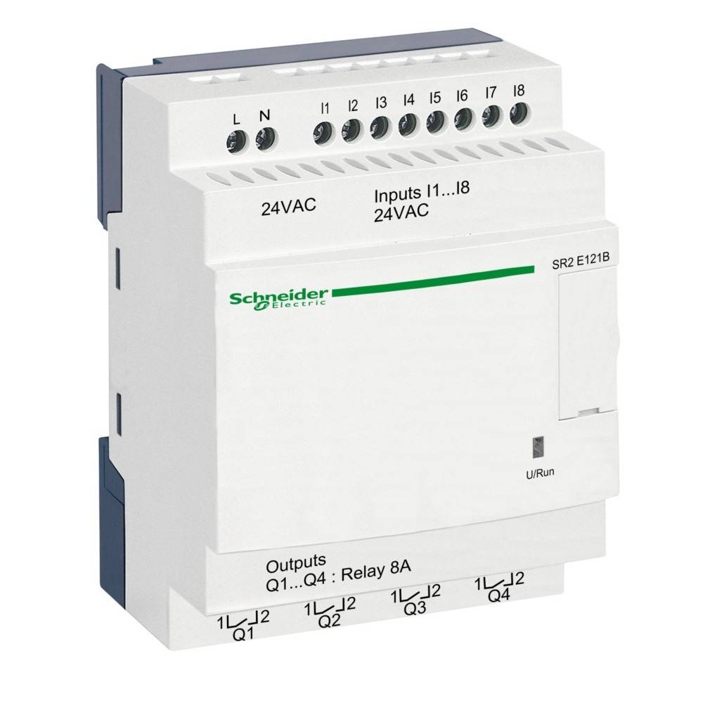 Ein programmierbarer Logikcontroller (SPS) mit mehreren Ein- und Ausgängen, die am Frontpanel sichtbar sind, hergestellt von Schneider Electric.