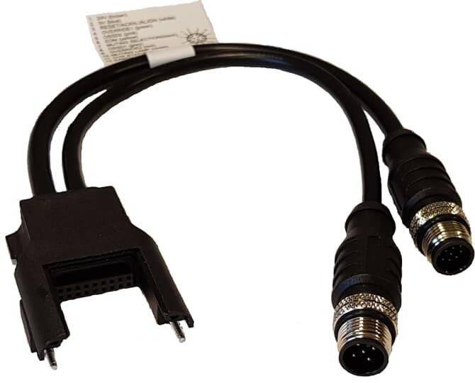 Y-Adapterkabel mit einem Stecker, der sich in zwei separate Ausgänge verzweigt, einen mit einem rechteckigen Anschluss und einen mit einem runden Anschluss.