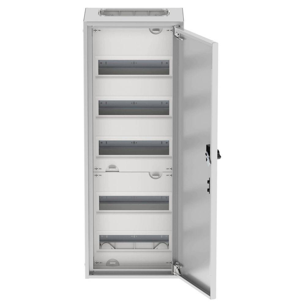 Offene elektrische Verteilertafel mit mehreren leeren Schlitzen und Fächern, die zum Organisieren und Unterbringen elektrischer Schaltkreise konzipiert ist.