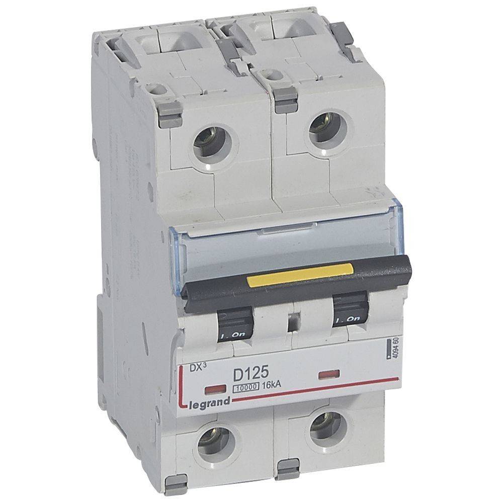 Ein zweipol-Leitungsschutzschalter mit der Bezeichnung 'D125' und 'Legrand', der zur elektrischen Sicherheit verwendet wird, indem er den Stromfluss bei Überlastungssituationen unterbricht.