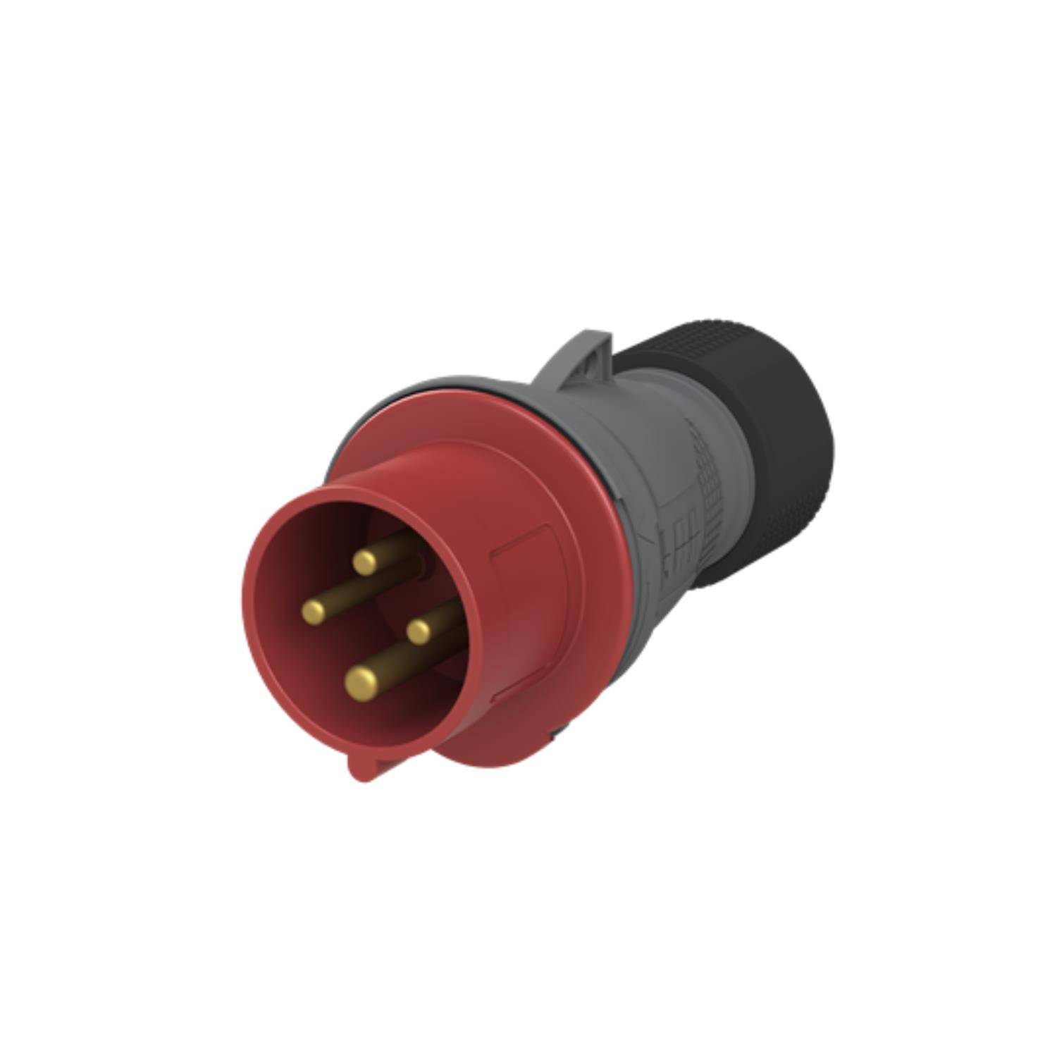 Ein industrieller Stecker mit einer roten und grauen Buchse, die drei runde Metallkontakte zeigt, der für Hochkapazitäts-Elektroverbindungen verwendet wird.