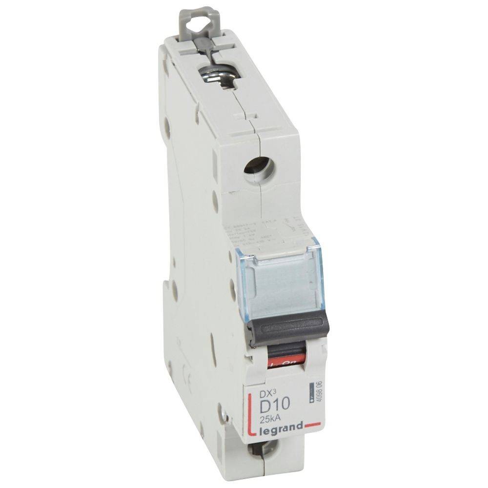 Ein Legrand DX³ D10 Leistungsschalter, 25 kA, konzipiert für elektrischen Schutz, mit einem Schalter und sichtbarer Beschriftung auf der Vorderseite.