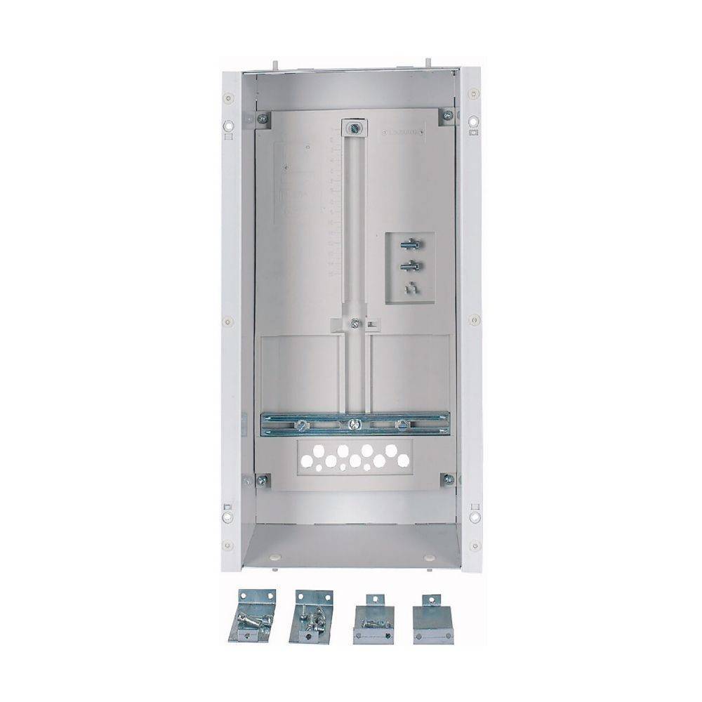 Elektrisches Gehäuse mit Montagehalterungen und Komponenten darunter, geeignet für die Organisation und den Schutz elektrischer Verbindungen.