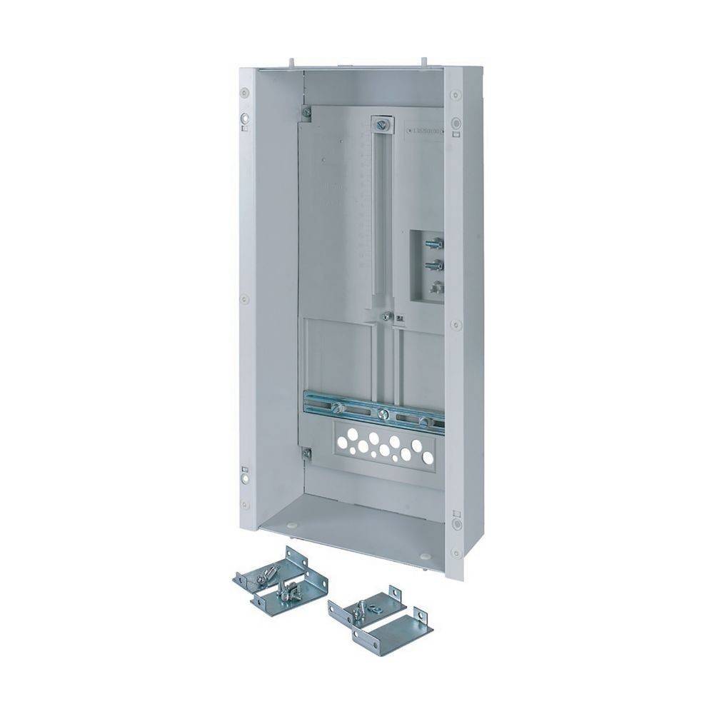 Weißes Metallgehäuse zur Aufnahme von elektronischen Komponenten, mit zwei separaten Befestigungshalterungen und einer Reihe von Löchern zur Kabelführung.