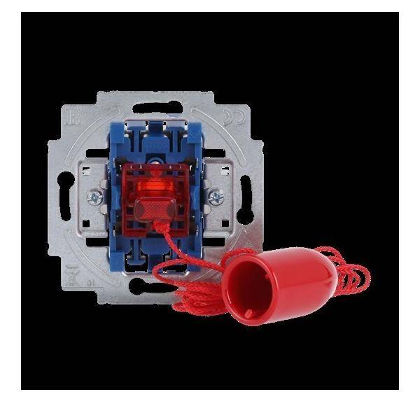 Ein roter Zugschalter, der an einer blau-silbernen Montageplatte befestigt ist, wird für Beleuchtungs- oder Alarmsysteme verwendet.