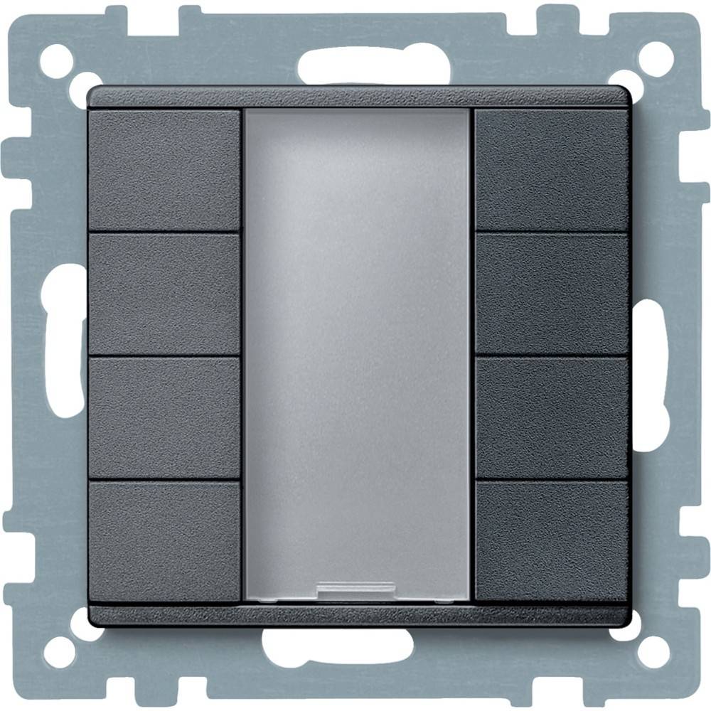 Eine schwarze und silberne Lichtschalterblende mit acht rechteckigen Tasten ist in einen Metallmontagerahmen eingesetzt und bereit zur Installation.