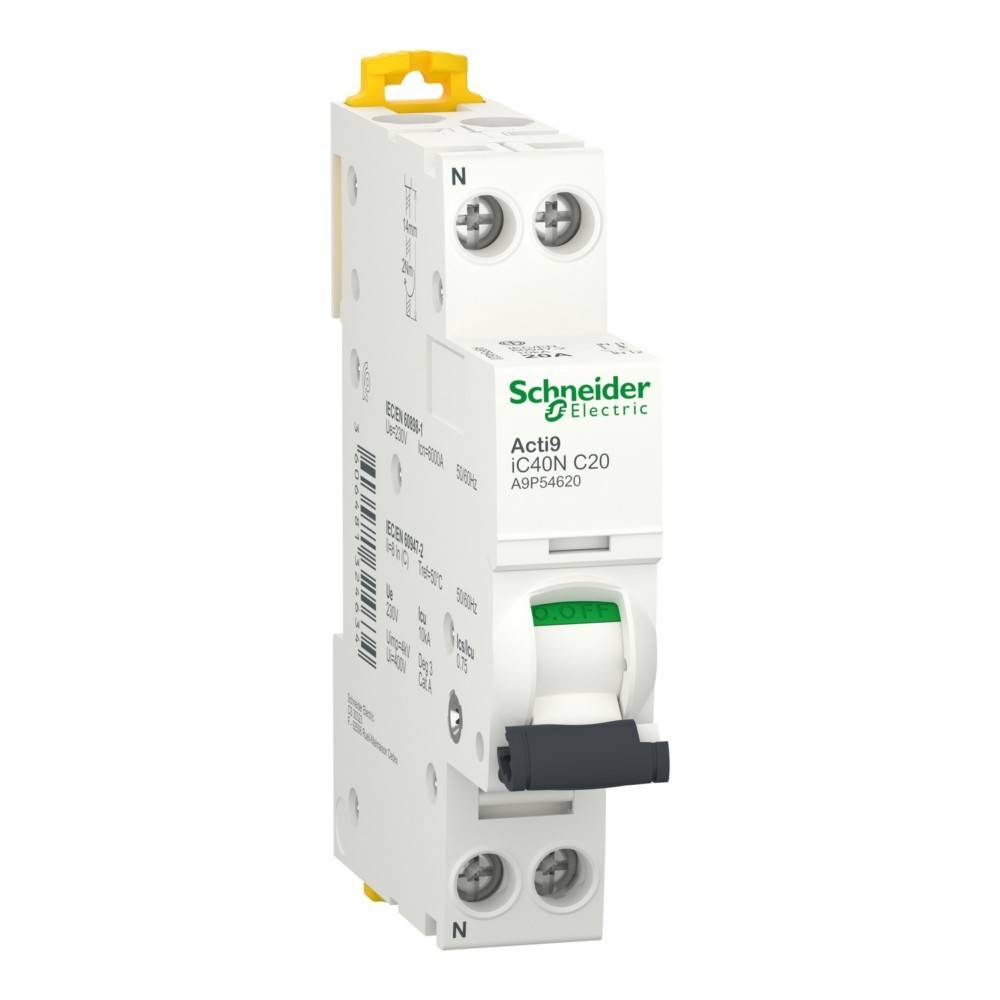 Schneider Electric Leitungsschutzschalter, Modell Acti9 iC40N C20, weiß mit grünen Akzenten, verwendet für elektrische Sicherheit und Leitungsschutz.