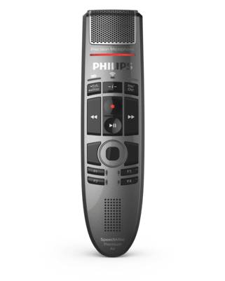 Philips tragbares digitales Diktiergerät frontal auf schwarzem Hintergrund gezeigt, mit Mikrofongitter und Wiedergabesteuertasten.