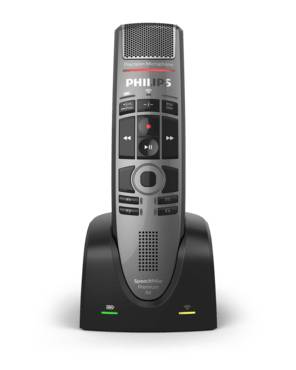 Philips digitales Diktiergerät in einer schwarzen Ladestation, Frontansicht auf schwarzem Hintergrund.