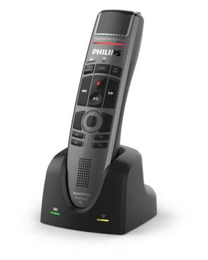 Philips tragbarer Sprachrecorder, der in einer Ladeschale steht, mit grünen und gelben Anzeigelichtern.