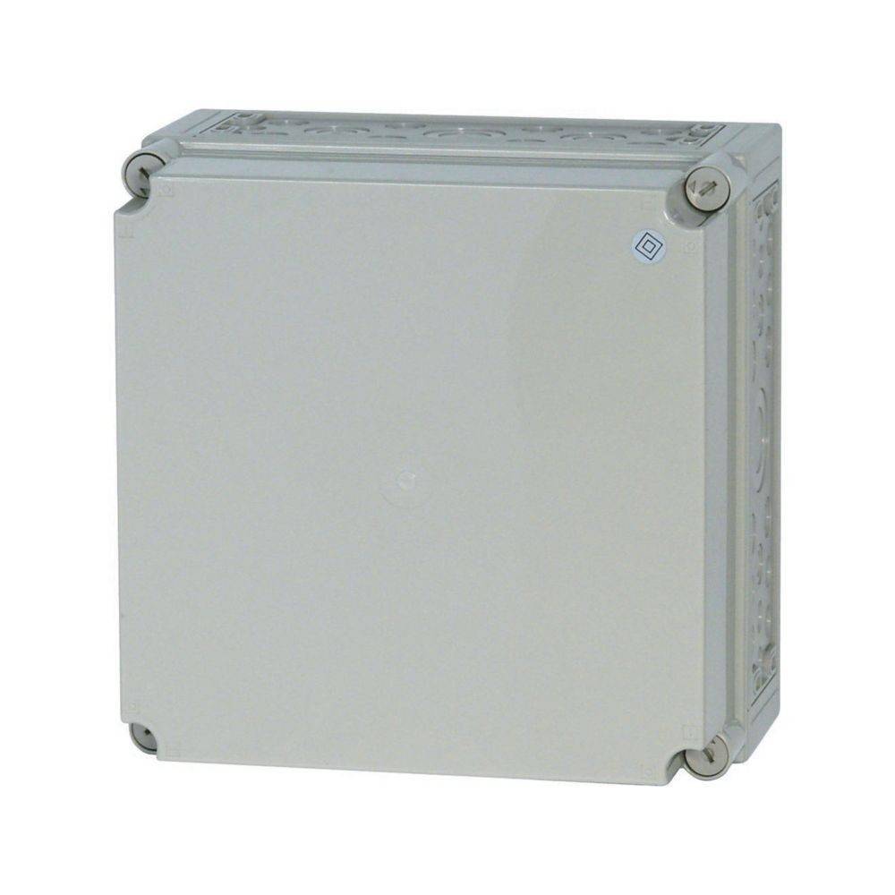 Eine quadratische graue elektrische Verteilerdose mit abgerundeten Ecken und Schraubanschlüssen an jeder Ecke, die zum Unterbringen von elektrischen Verbindungen konzipiert ist.