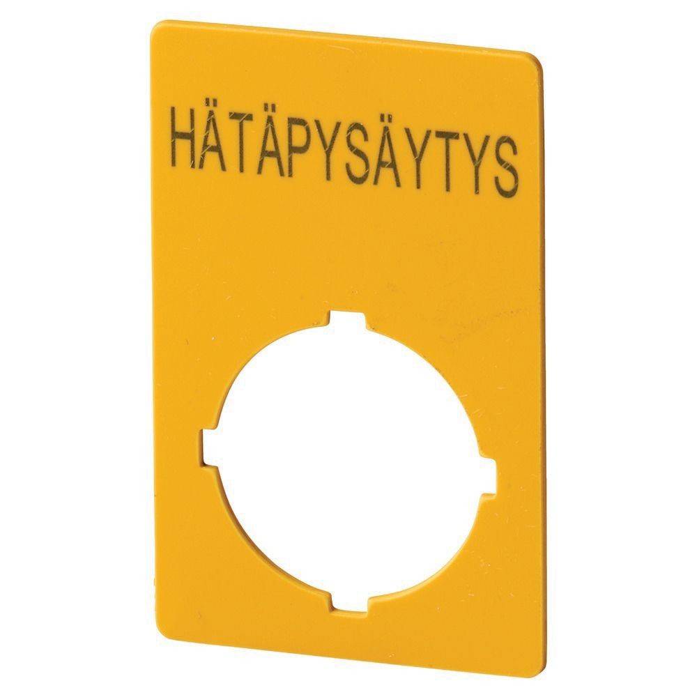 Gelber Notaus-Schalterabdeckung mit finnischem Text 'Hätäpysäytys', der eine notwendige Sicherheitsmaßnahme anzeigt.