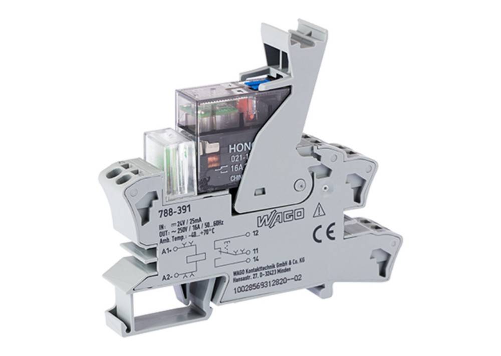 Ein kompaktes, graues WAGO-Elektronikmodul mit Relaiskomponente, gekennzeichnet mit '788-391'. Es zeigt technische Spezifikationen und CE-Kennzeichnung.