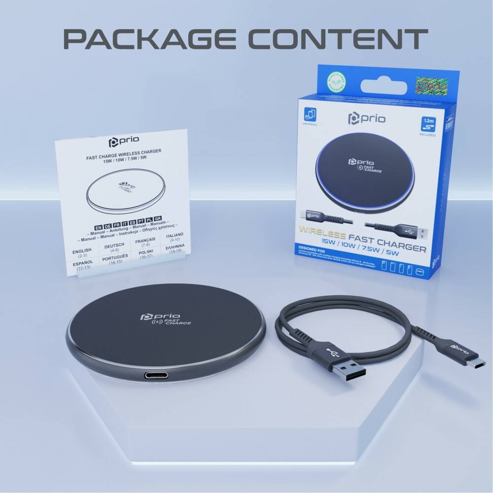 Paketinhalt': Kabelloses Schnellladegerät, Ladekabel, Benutzerhandbuch und Einzelhandelverpackung.