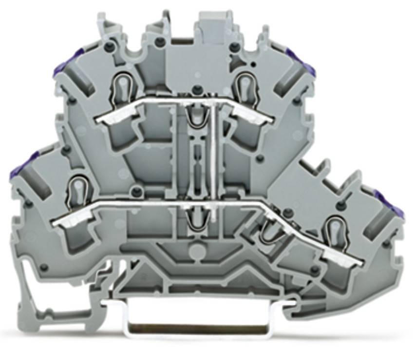 Eine graue, kunstvoll gestaltete Plastikkomponente mit mehreren Schlitzen und Anschlüssen, möglicherweise ein elektrisches oder mechanisches Bauteil.