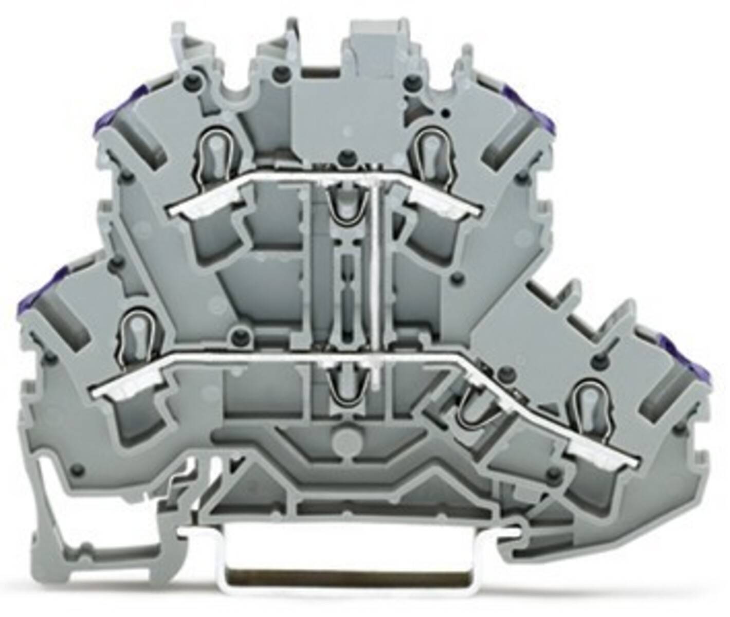 Ein grauer elektrischer Anschlussblock, der einen Innenansicht mit Verbindungspunkten und Leitungswegen zeigt.