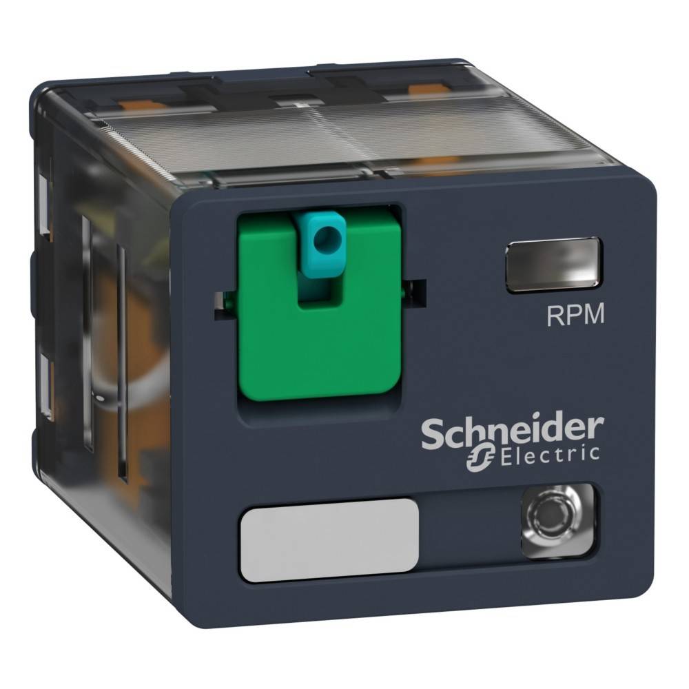 Schneider Electric' Relais mit einem grün-türkisfarbenen Schalter.