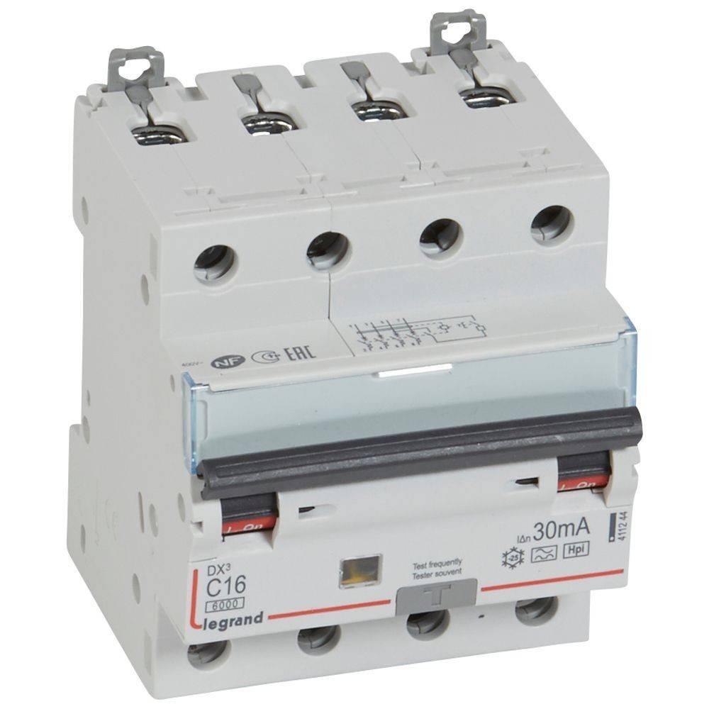 Ein Sicherungsautomat mit einem roten Schalter und drei Anschlüssen für elektrische Verbindungen, mit der Beschriftung 