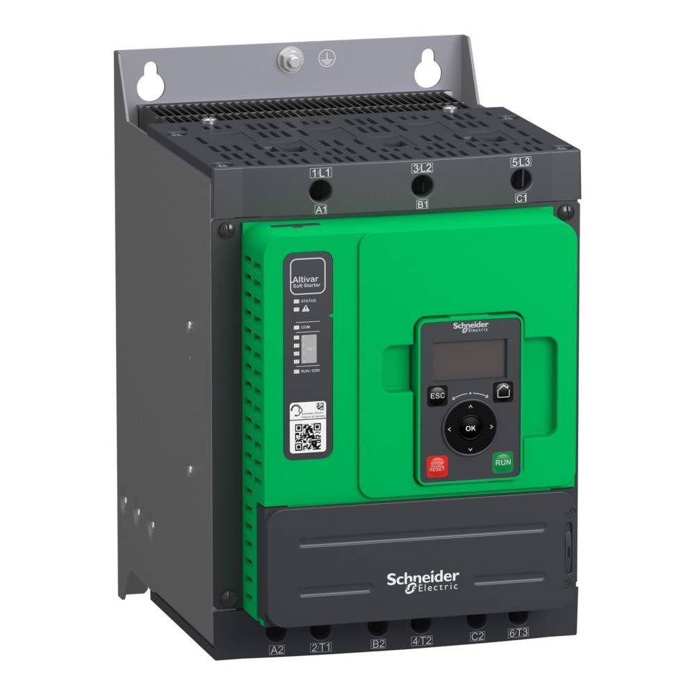 Schneider Electric Motorsteuergerät mit grüner Frontplatte, verschiedenen Tasten und Anzeigen. Für industrielle Anwendungen entwickelt.