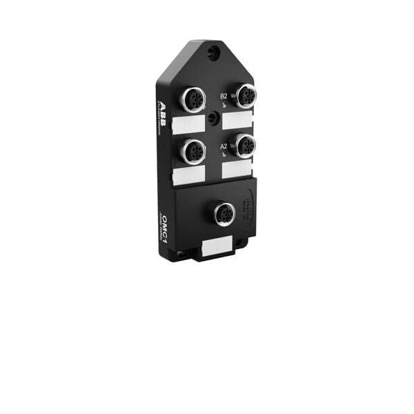 ABB-markiertes elektronisches Bauteil mit fünf kreisförmigen Anschlüssen, beschriftet mit B2, B1, A2, A1 und einem zusätzlichen Anschluss am unteren Rand.