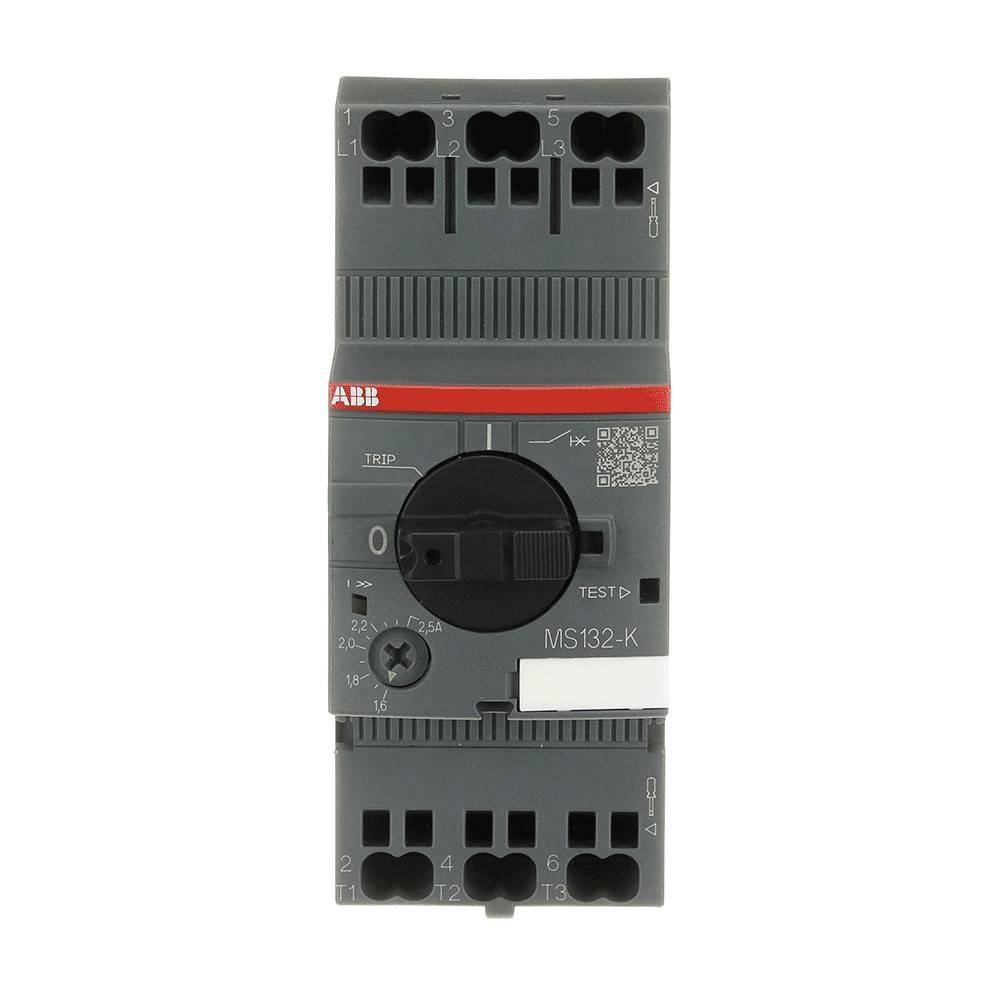 ABB IMS132-K Leistungsschalter für elektrische Systeme, ausgestattet mit einem Drehschalter, Taste zum Testen sowie gekennzeichneten Eingabe-/Ausgangsklemmen.