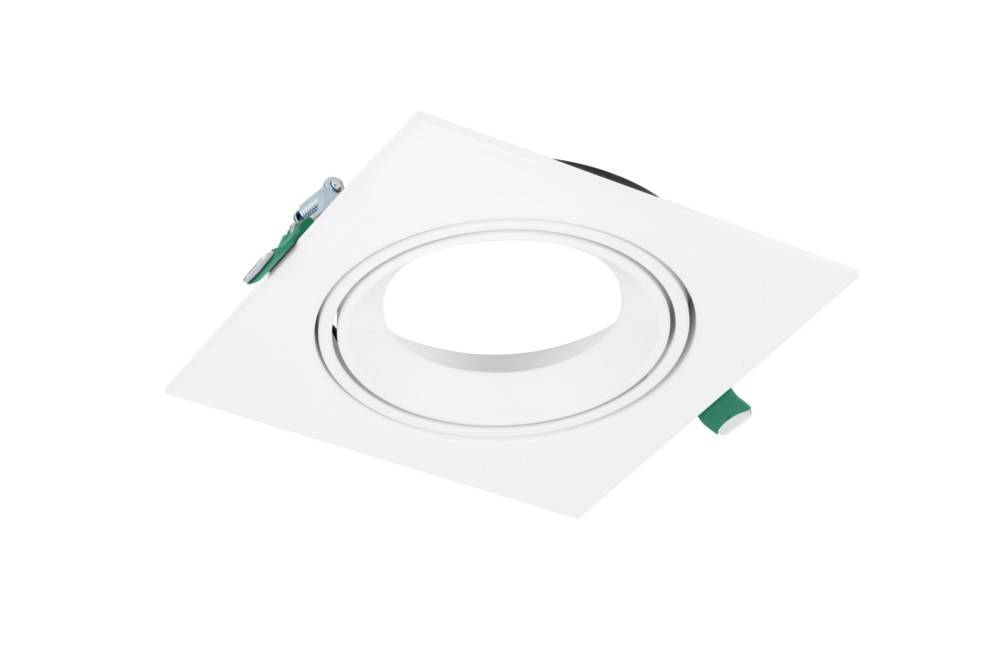 Eine weiße Einbauleuchte mit quadratischem Rahmen und kreisförmiger Öffnung, mit grünen Akzenten an der Seite zur Installationsanpassung.