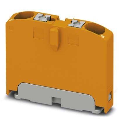 Ein orangefarbener elektrischer Anschlussverbinder mit zwei Anschlusspunkten und einer grauen Basis, der für die Kabelführung in elektrischen Systemen konzipiert ist.