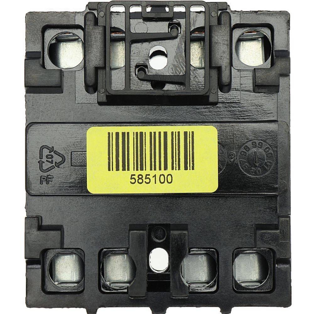 Eine schwarze elektronische Komponente mit einem gelben Barcode-Etikett, auf dem '585100' steht. Vier Anschlusspunkte und ein Recycling-Symbol sind sichtbar.