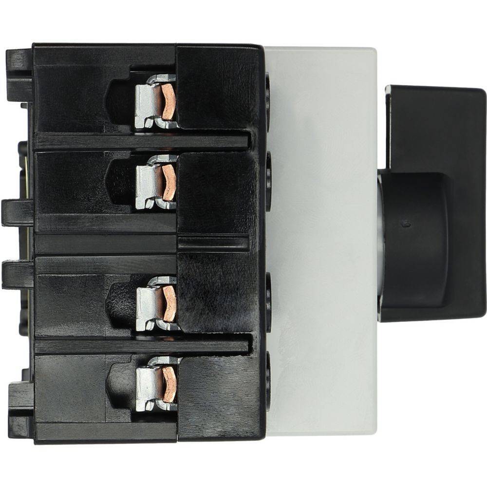 Eine schwarze elektrische Komponente mit drei vertikal ausgerichteten Kupferanschlüssen. Ein grauer Hebel ist rechts positioniert und dient zur Bedienung.