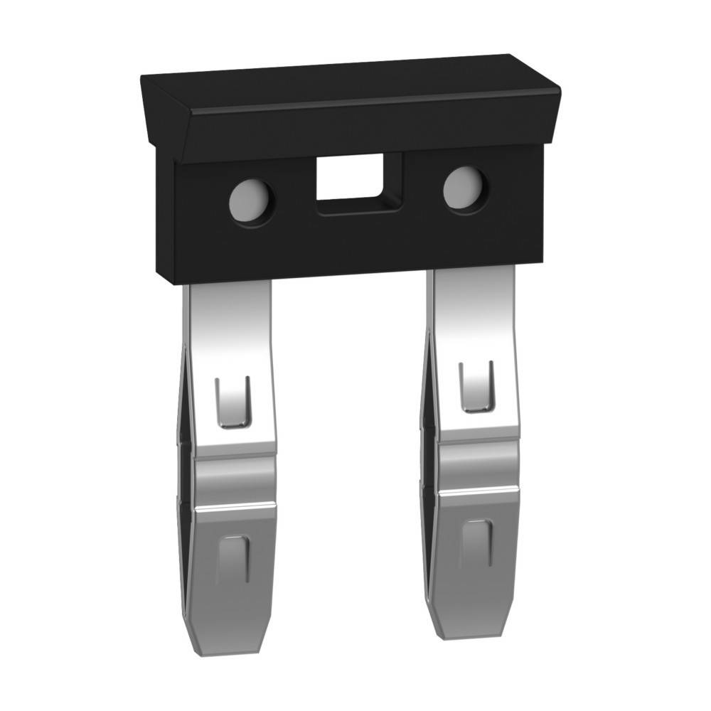 Schwarzer Kunststoff-IC-Halter mit Metallfüßen und zwei kreisrunden Löchern zur Befestigung.