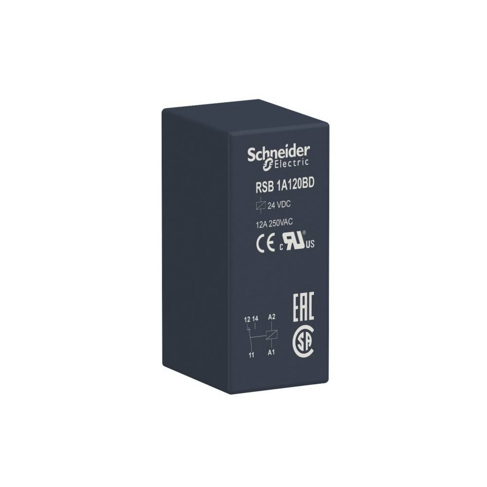 Schwarzer rechteckiger elektrischer Relais der Marke 'Schneider Electric', Modell 'RSB 1A120BD'. Nennspannung 24 VDC, 12A 250VAC. Sicherheitszertifizierungen sichtbar.