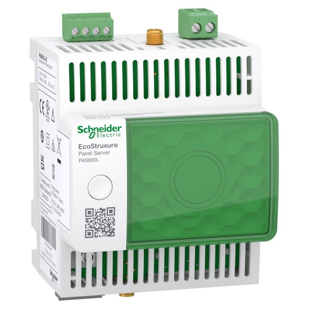 Schneider Electric EcoStruxure Panel Server PAS800L' mit einem grünen Gehäuse, versehen mit QR-Code, Anschlussports und Branding.