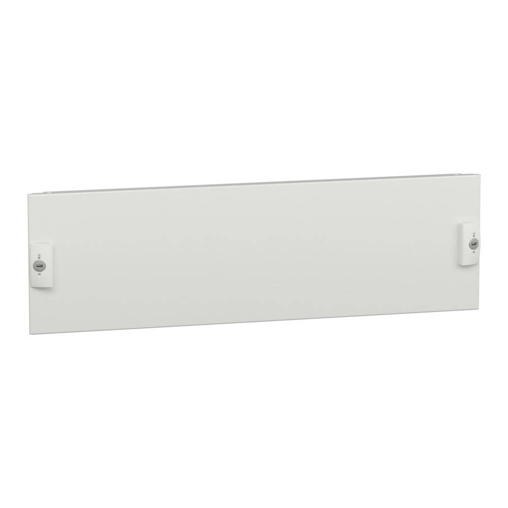 Ein weißes Metallsichtschutzpaneel mit Befestigungsbügeln an beiden Seiten, das für Schreibtische oder Arbeitsplätze verwendet wird, um Trennung zu schaffen und Lärm zu reduzieren.
