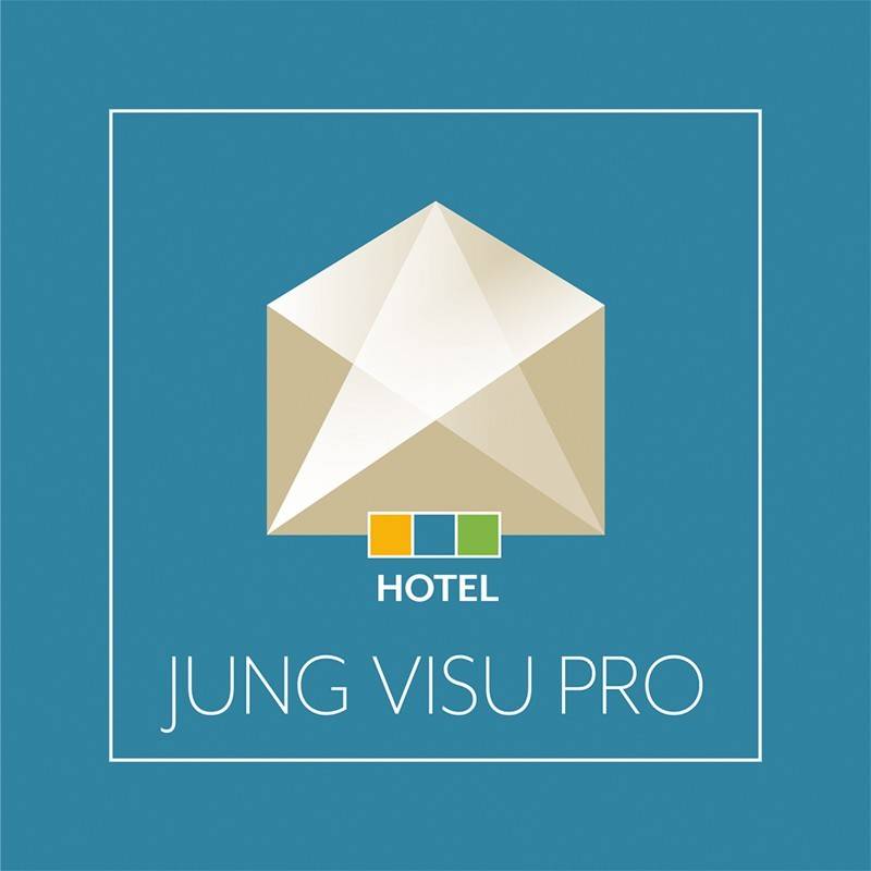 Logo von 'Jung Visu Pro Hotel' mit einem geometrischen Design, bestehend aus drei farbigen Quadraten unter einem Hintergrund in Petrol.