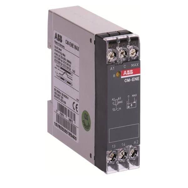 ABB CM-ENE Phasenfolgerelais mit sichtbaren Beschriftungen und Klemmenanschlüssen, verwendet zur Überwachung der Phasenfolge und Phasenverlust.